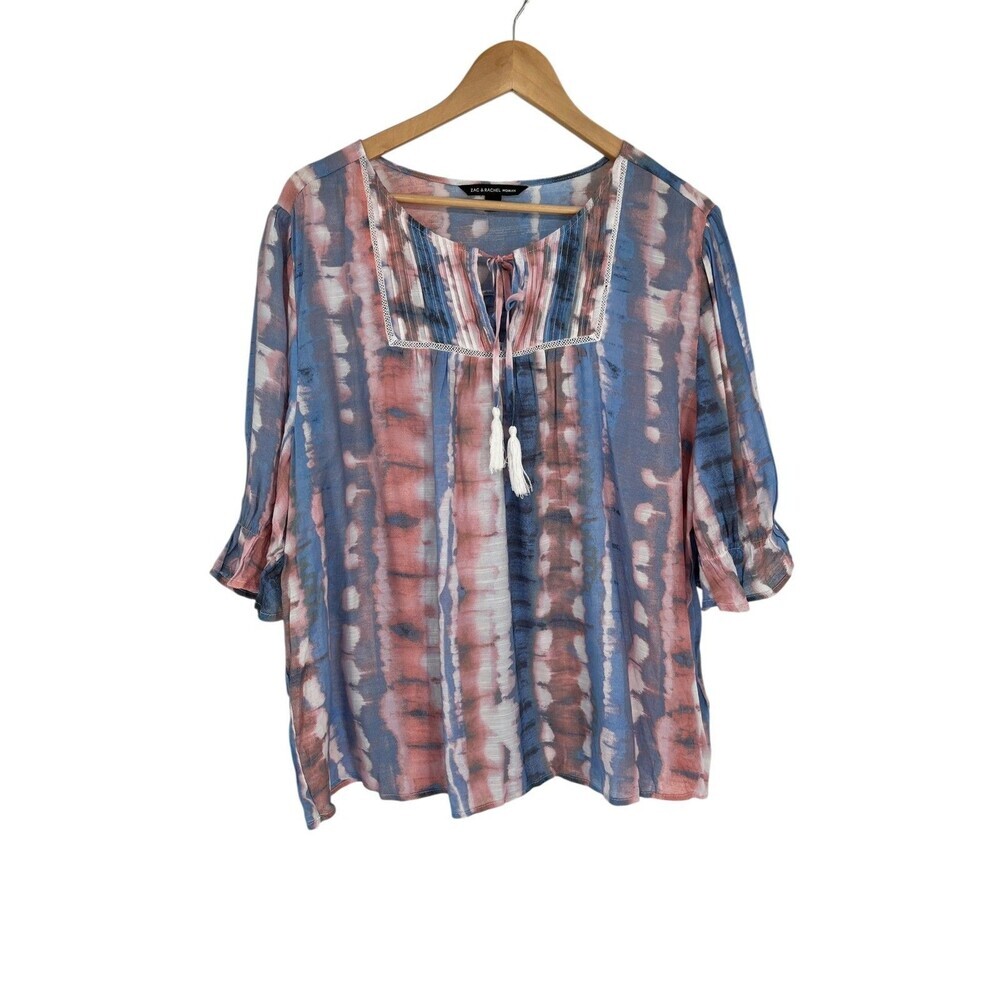 Zac & Rachel Top Women's Size 2X Blue Pink Tie Dye Boho Peasant Coastal Grandma